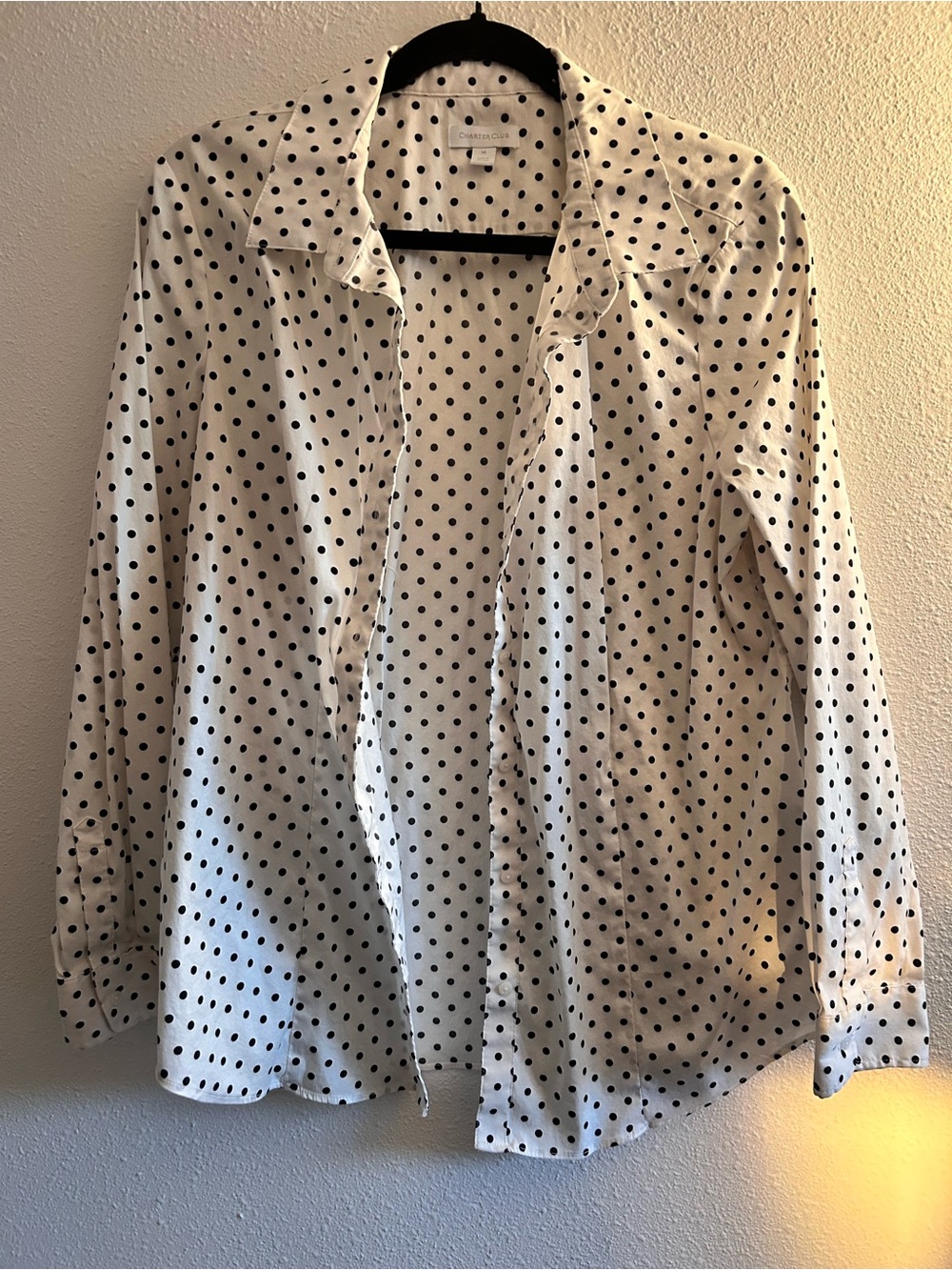 Charter Club White Button-Down Shirt with Black Polka Dots